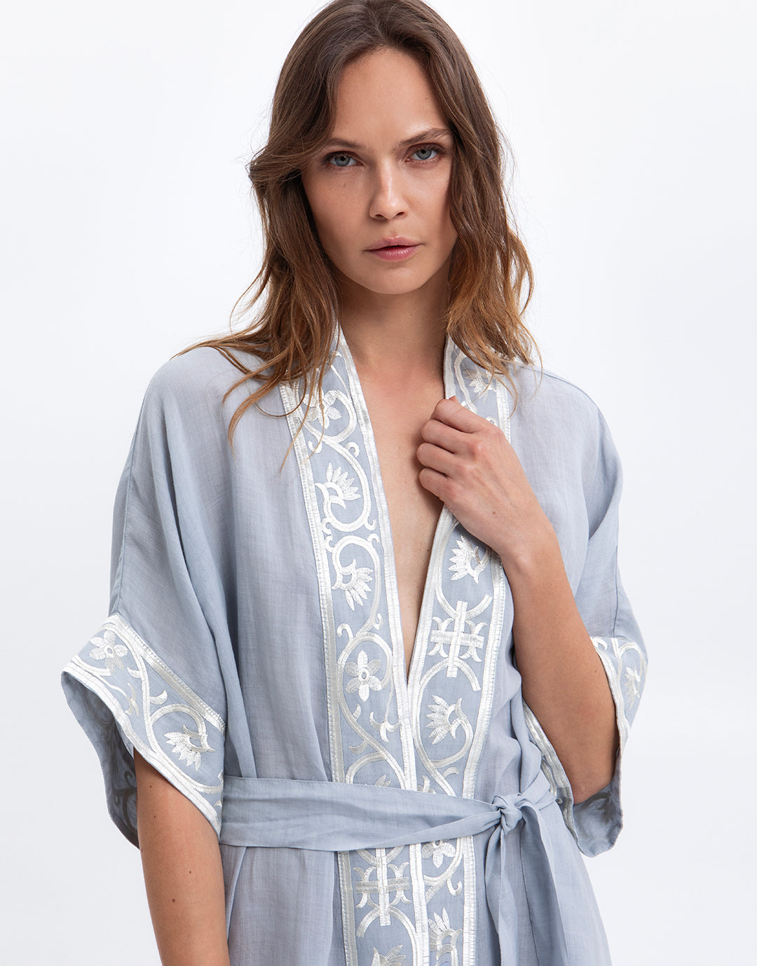Greek Archaic Kori Crete Midi Kimono - Light Grey and Champagne - Simply Beach UK