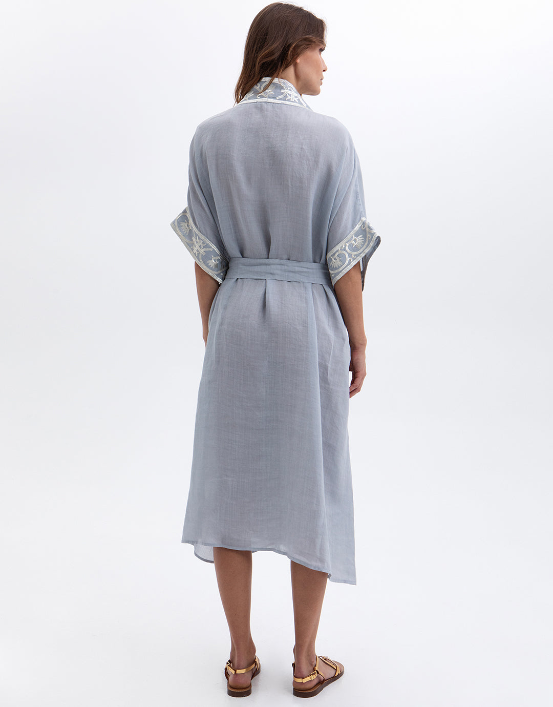 Greek Archaic Kori Crete Midi Kimono - Light Grey and Champagne - Simply Beach UK