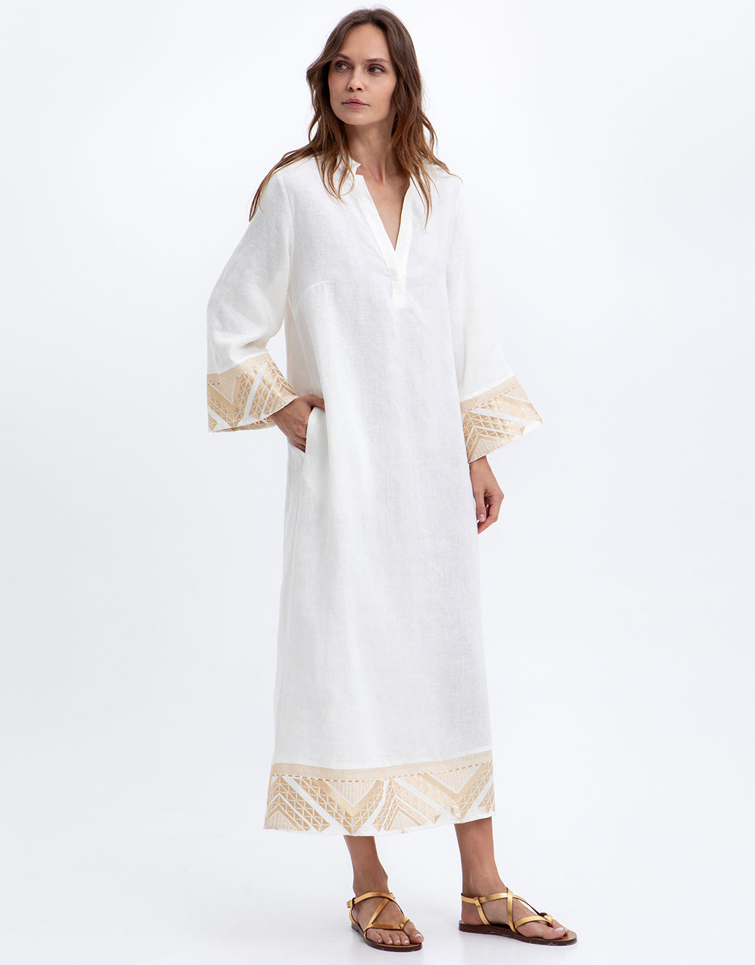 Greek Archaic Kori Pyramids Kaftan Dress - White and Gold - Simply Beach UK