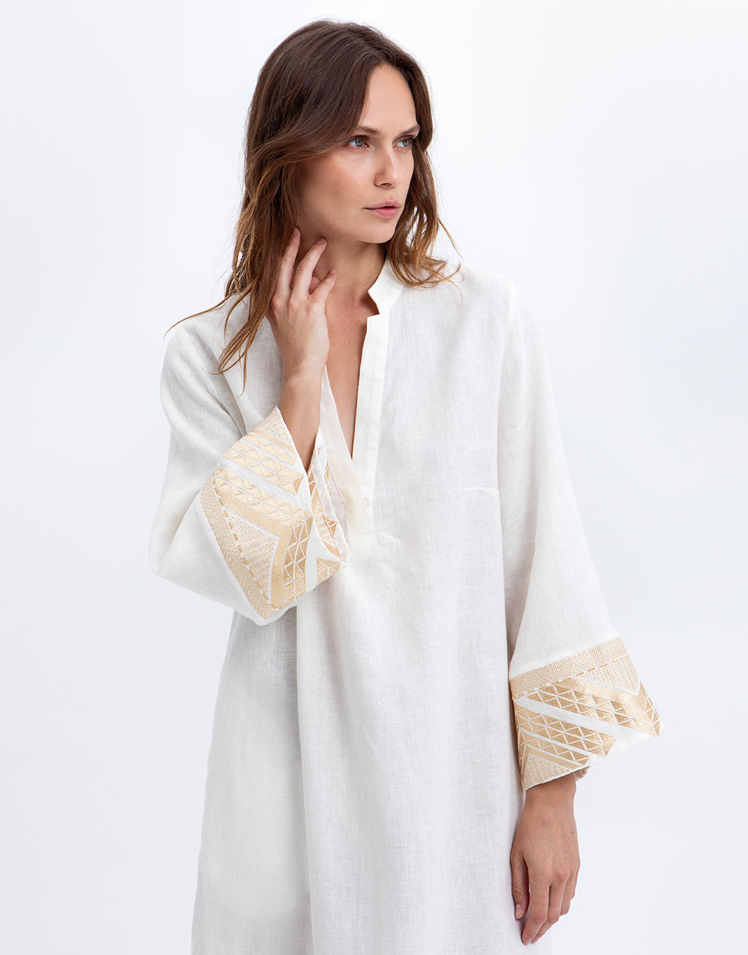 Greek Archaic Kori Pyramids Kaftan Dress - White and Gold - Simply Beach UK