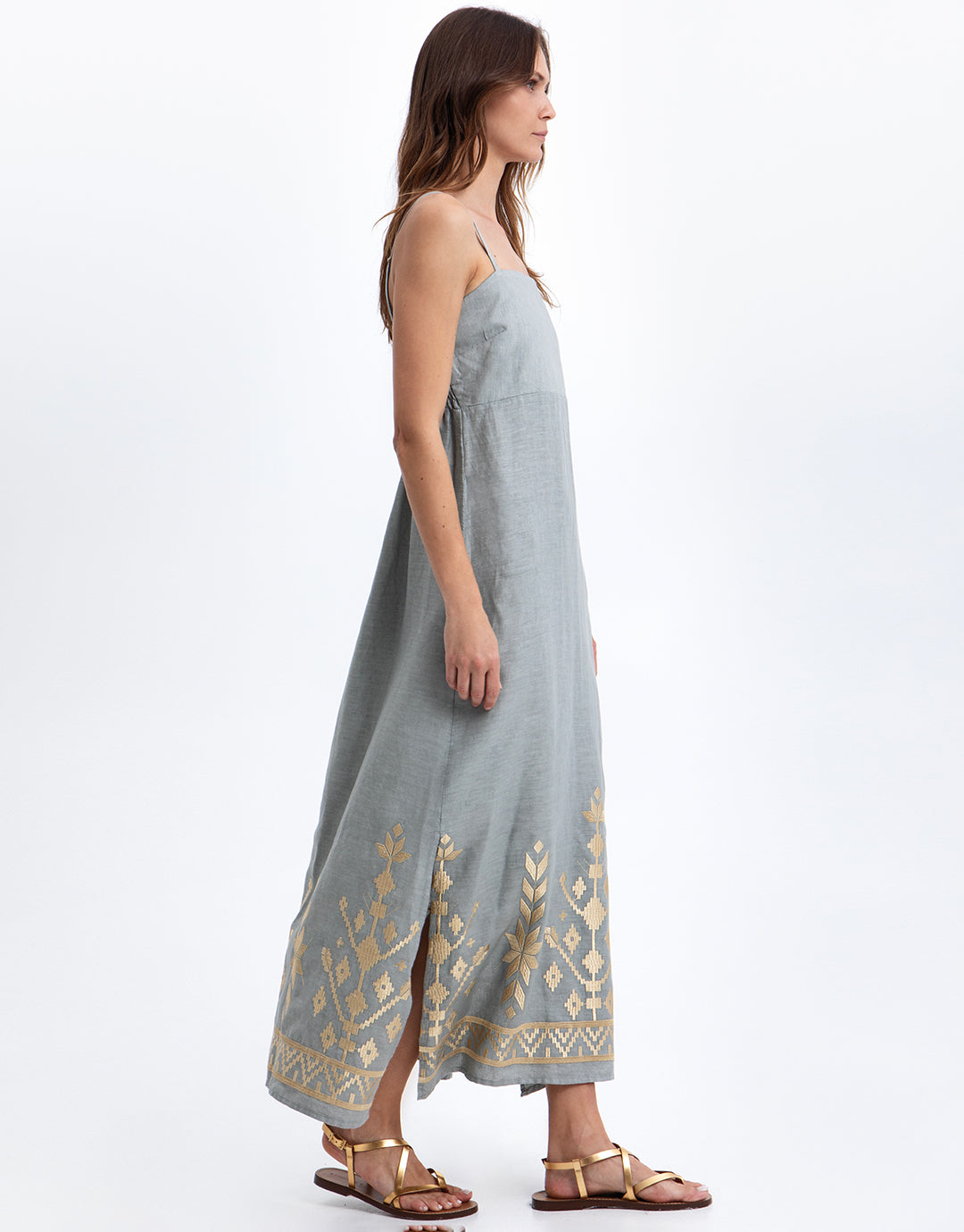 Greek Archaic Kori Ios Strappy Bandeau Dress - Light Grey and Gold - Simply Beach UK