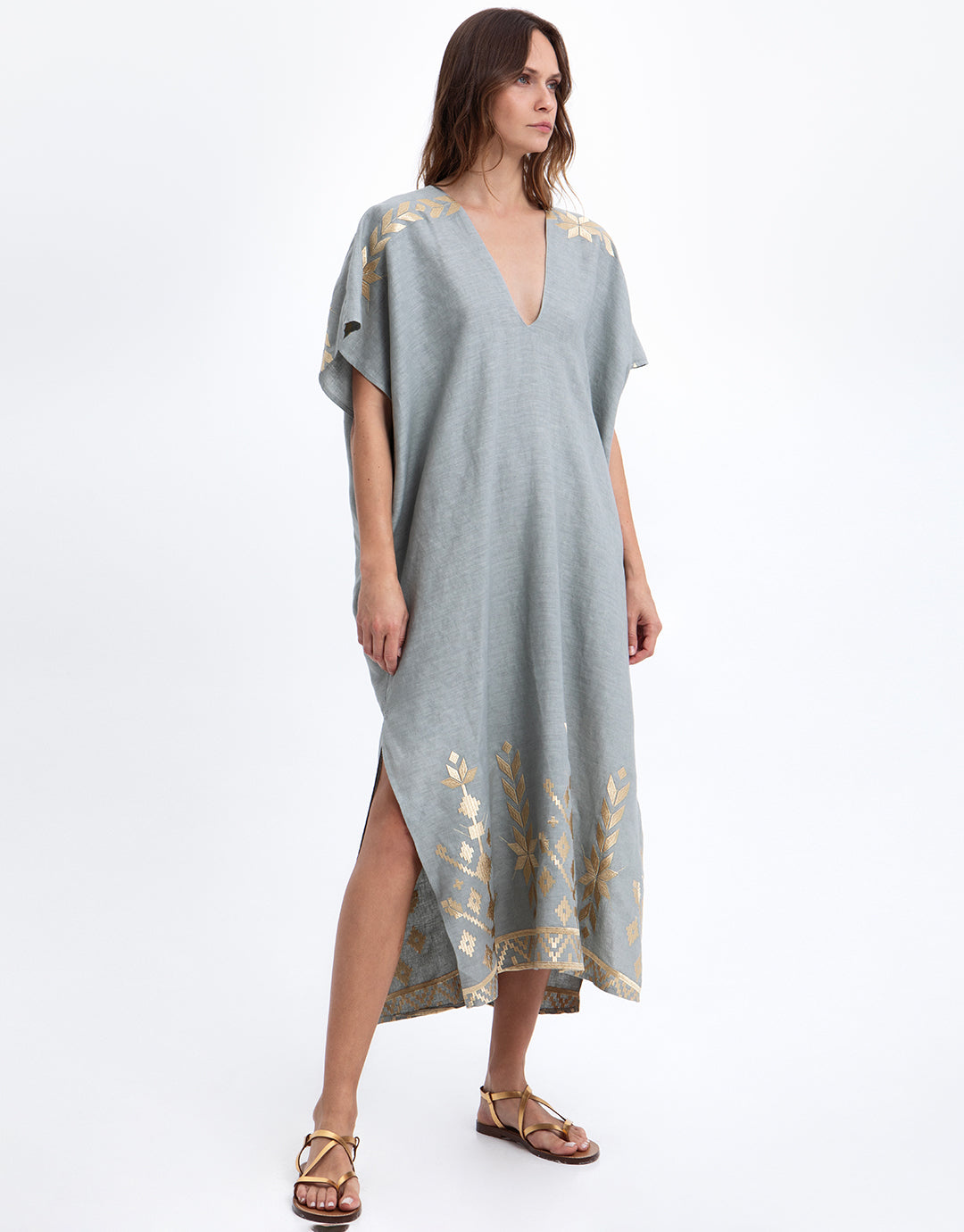 Greek Archaic Kori Ios Midi Kaftan - Light Grey and Gold - Simply Beach UK