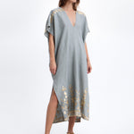 Greek Archaic Kori Ios Midi Kaftan - Light Grey and Gold - Simply Beach UK