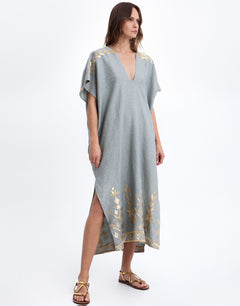 Greek Archaic Kori Ios Midi Kaftan - Light Grey and Gold - Simply Beach UK