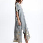 Greek Archaic Kori Ios Midi Kaftan - Light Grey and Gold - Simply Beach UK