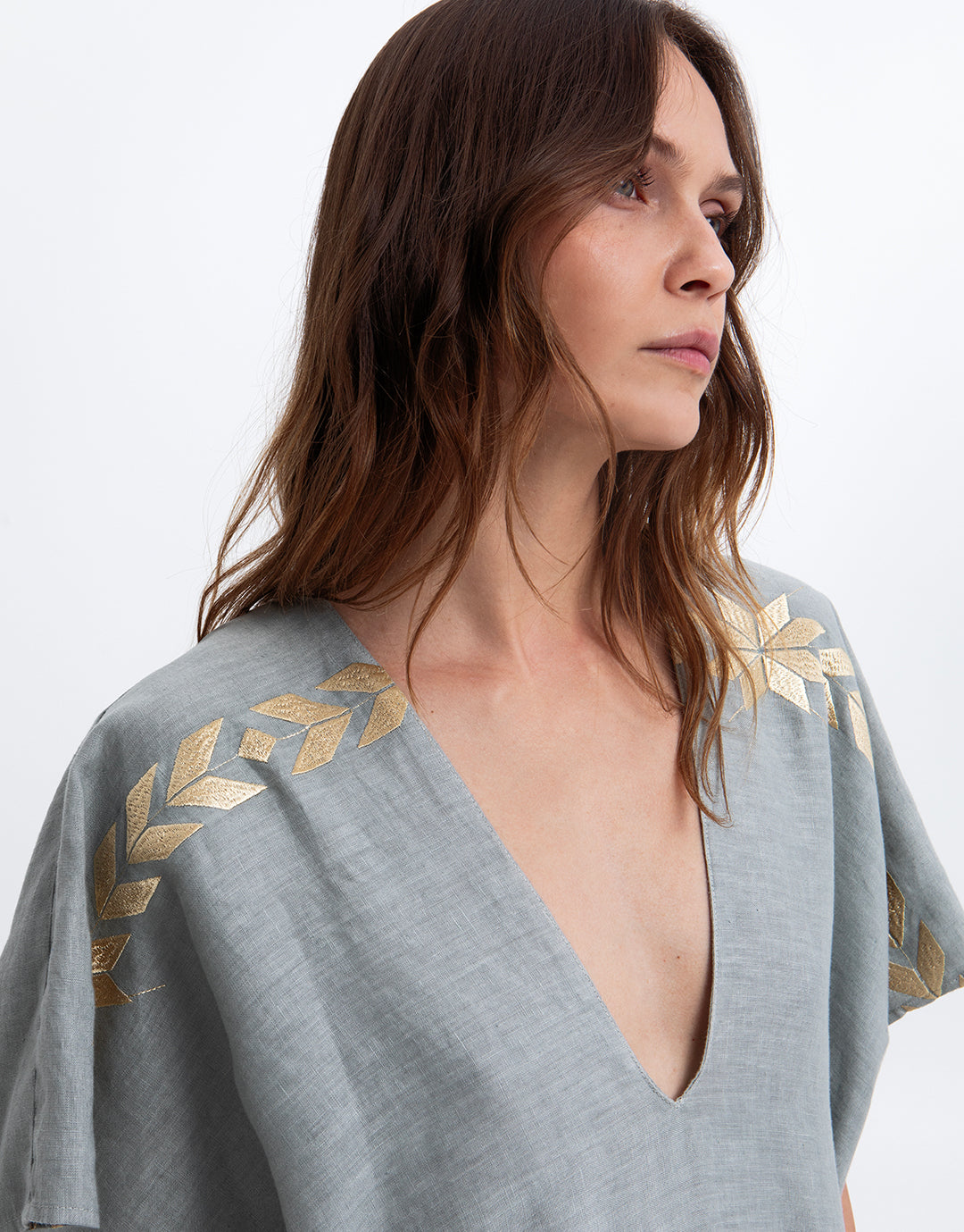 Greek Archaic Kori Ios Midi Kaftan - Light Grey and Gold - Simply Beach UK