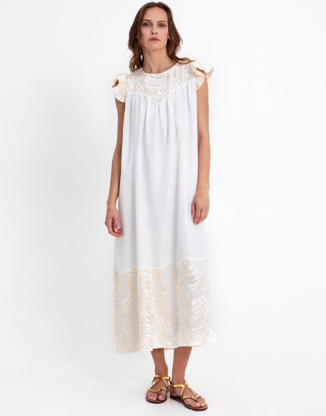 Greek Archaic Kori New Triangle Open Back Dress - White and Champagne - Simply Beach UK