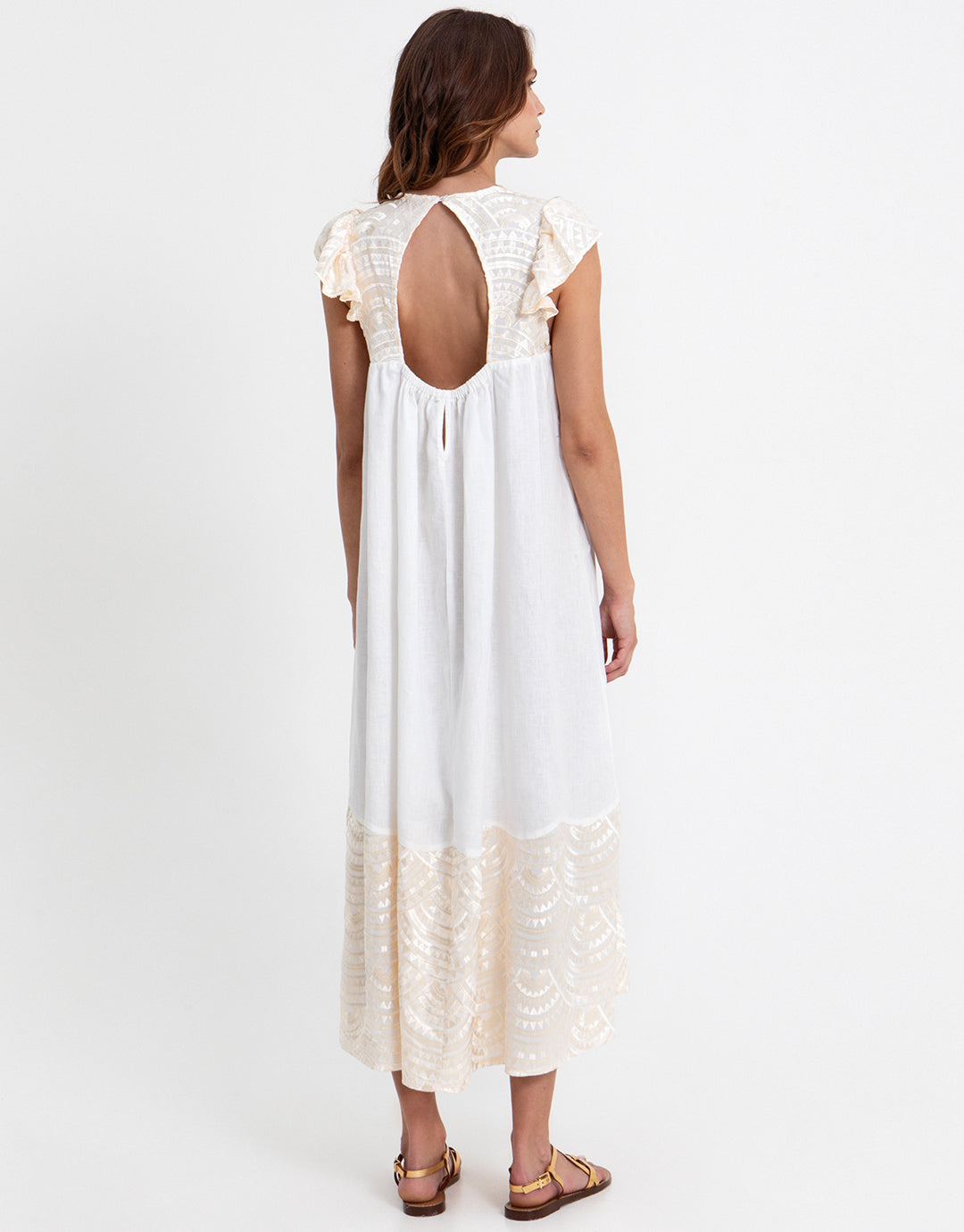 Greek Archaic Kori New Triangle Open Back Dress - White and Champagne - Simply Beach UK