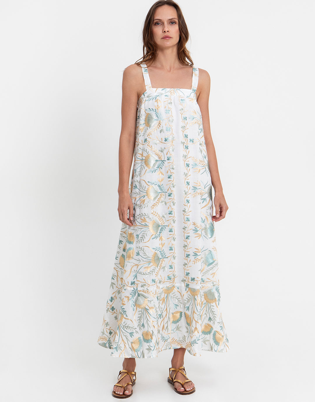 Greek Archaic Kori Blossom Wide Strap Dress - White and Multi Green - Simply Beach UK