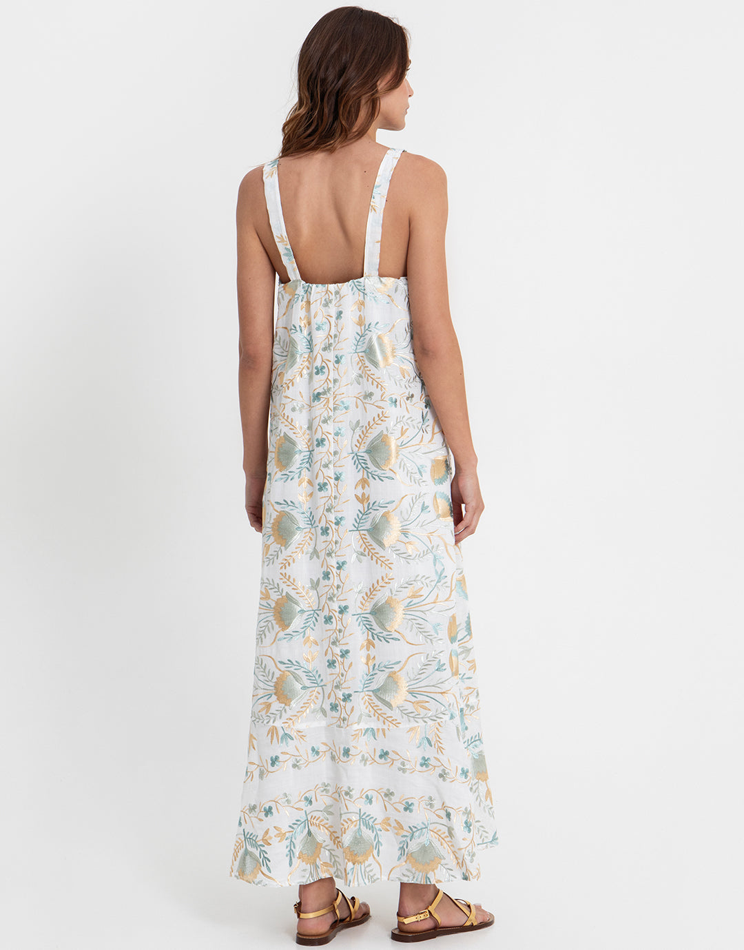 Greek Archaic Kori Blossom Wide Strap Dress - White and Multi Green - Simply Beach UK