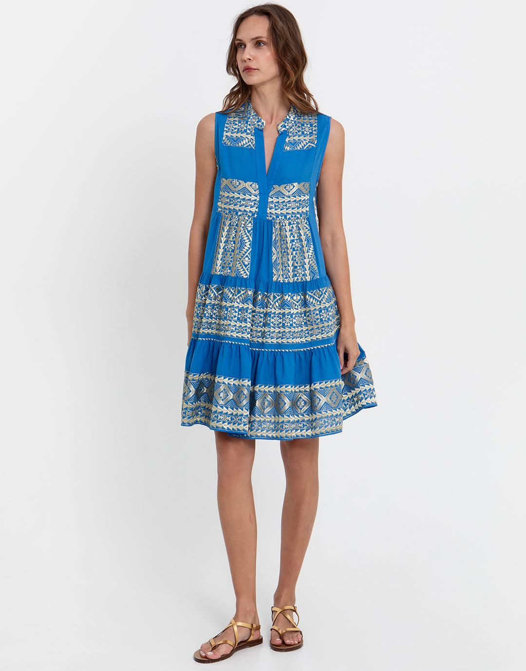 Greek Archaic Kori Classic Triangle Sleeveless Mini Dress - Blue Raf and Gold - Simply Beach UK