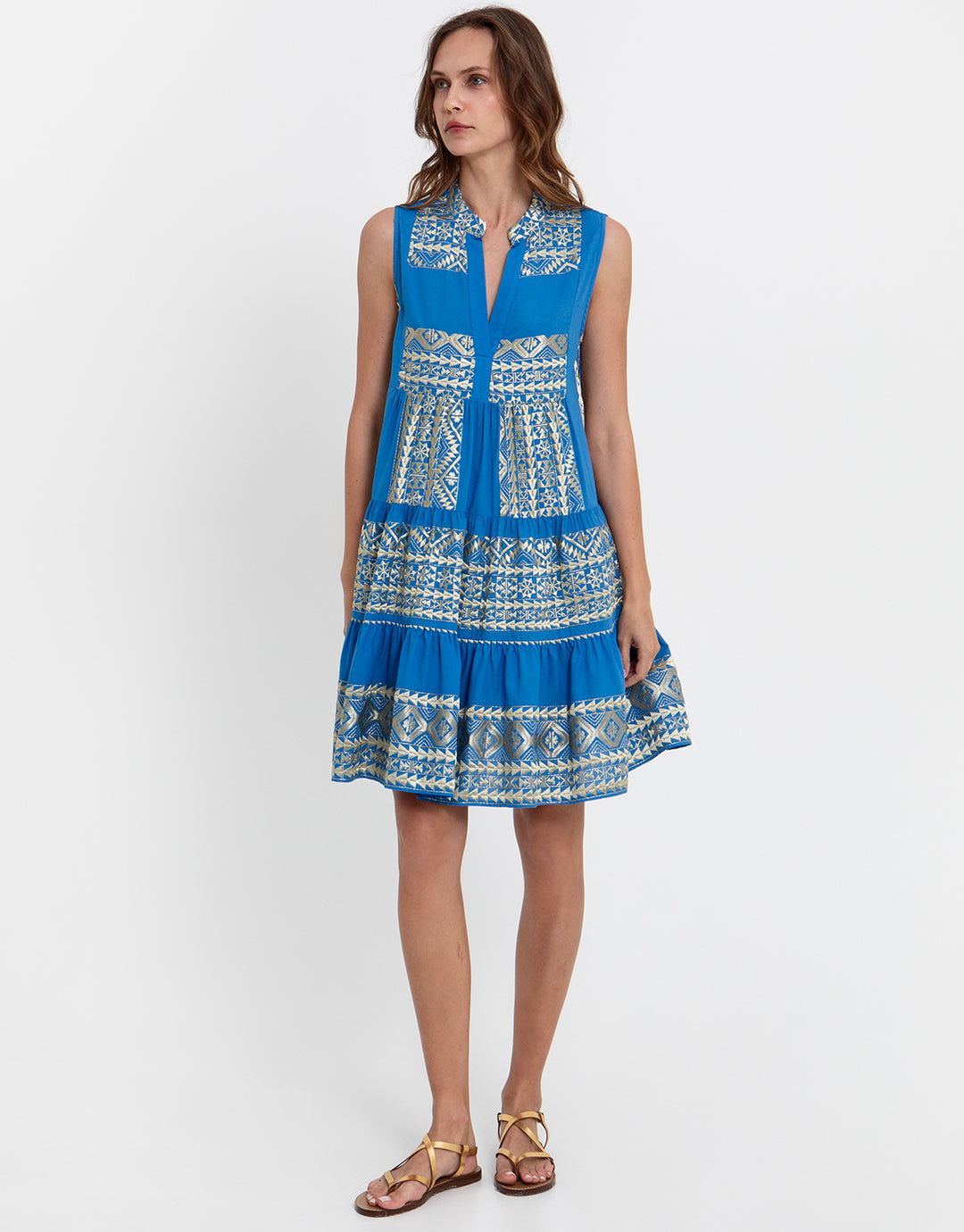 Greek Archaic Kori Classic Triangle Sleeveless Mini Dress - Blue Raf and Gold - Simply Beach UK