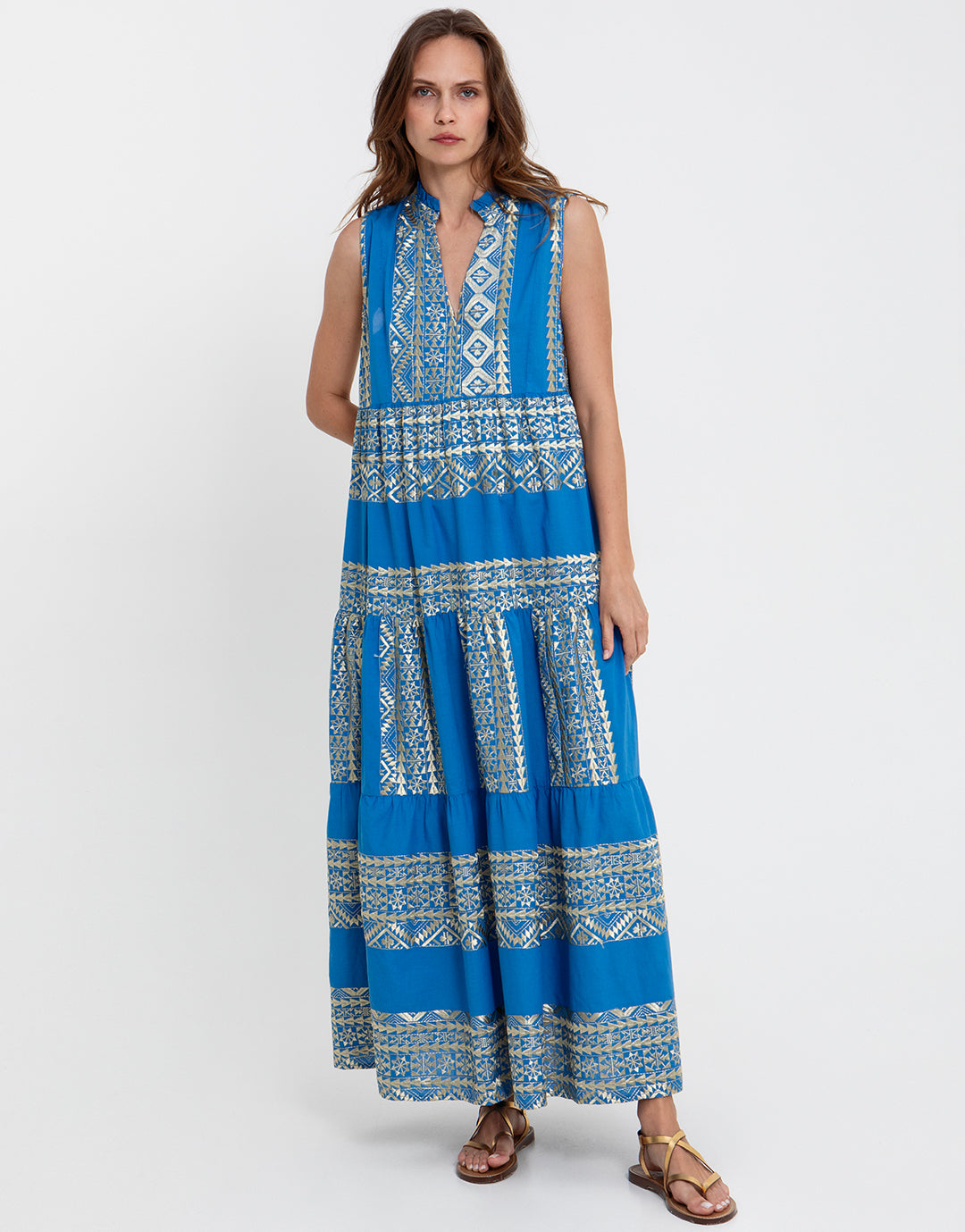 Greek Archaic Kori Classic Triangle Sleeveless Maxi Dress - Blue Raf and Champagne - Simply Beach UK
