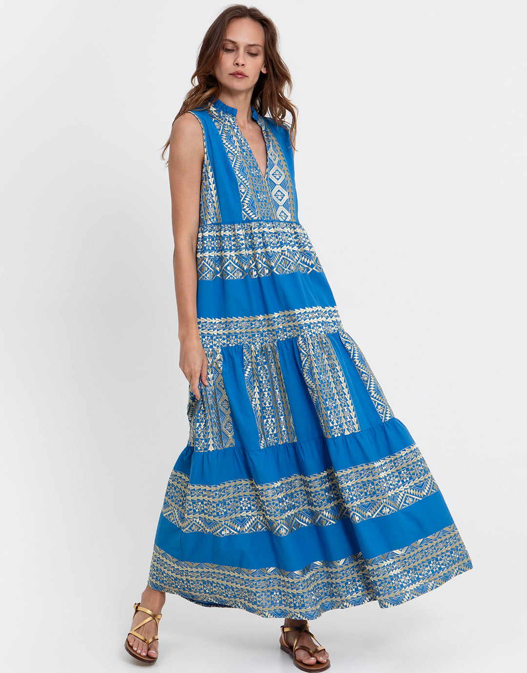 Greek Archaic Kori Classic Triangle Sleeveless Maxi Dress - Blue Raf and Champagne - Simply Beach UK