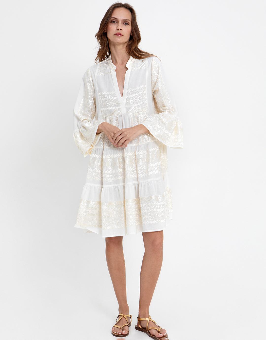 Greek Archaic Kori Classic Triangle Long Sleeve Dress - White and Champagne - Simply Beach UK