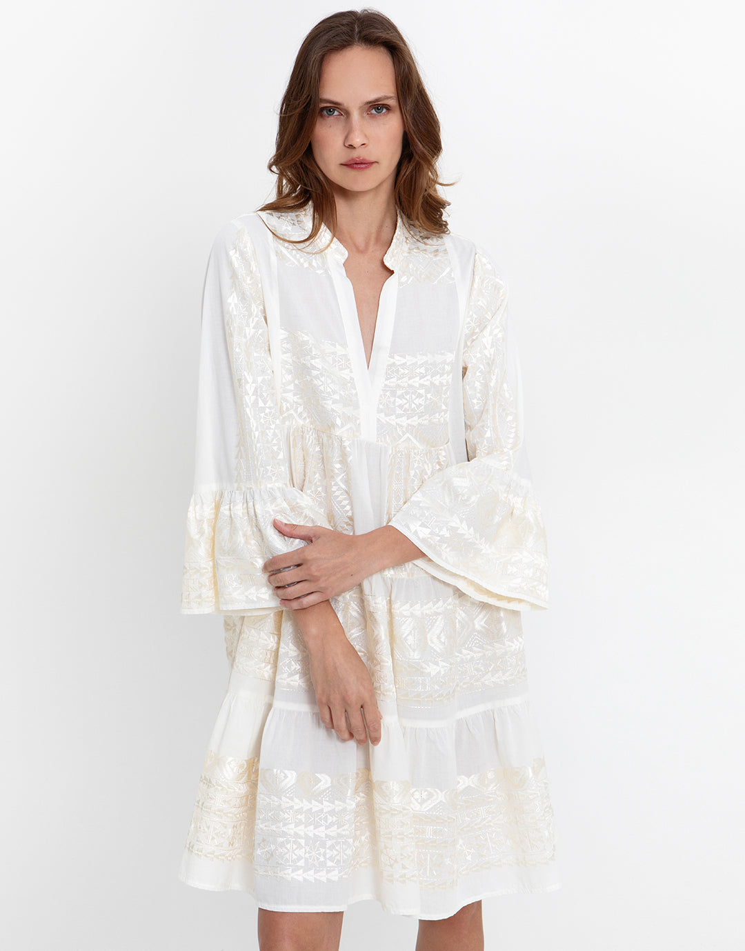 Greek Archaic Kori Classic Triangle Long Sleeve Dress - White and Champagne - Simply Beach UK