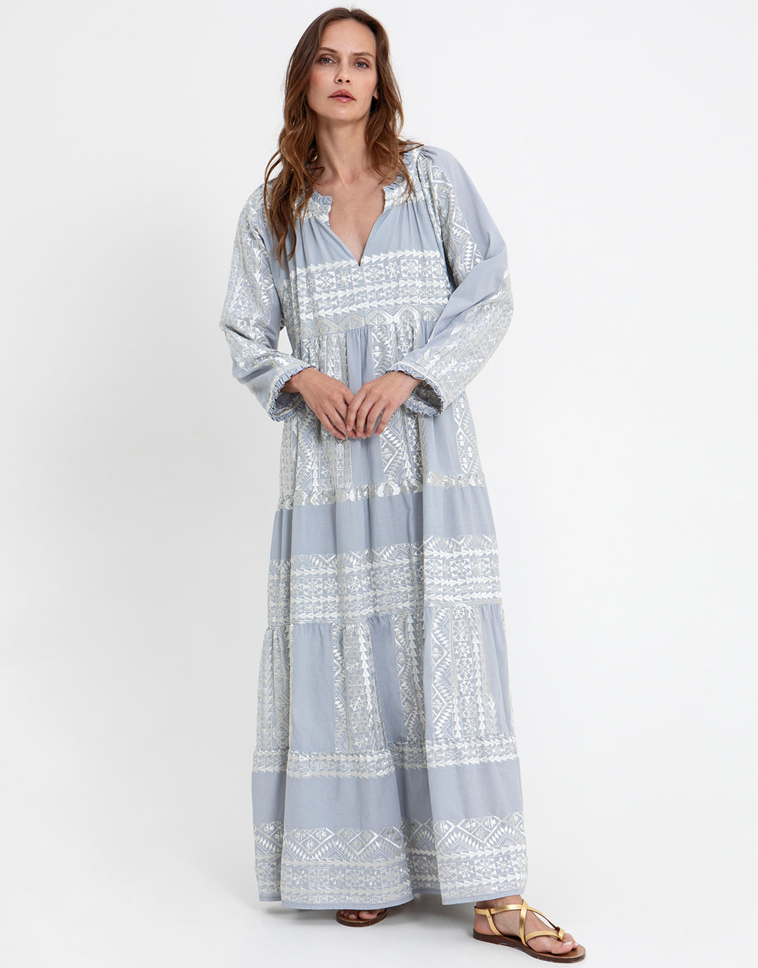 Classic Triangle Long Sleeve Maxi Dress - Light Grey and Champagne Classic Triangle Long Sleeve Maxi Dress - Light Grey and Champagne