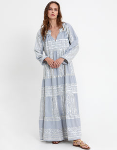 Greek Archaic Kori Classic Triangle Long Sleeve Maxi Dress - Light Grey and Champagne - Simply Beach UK