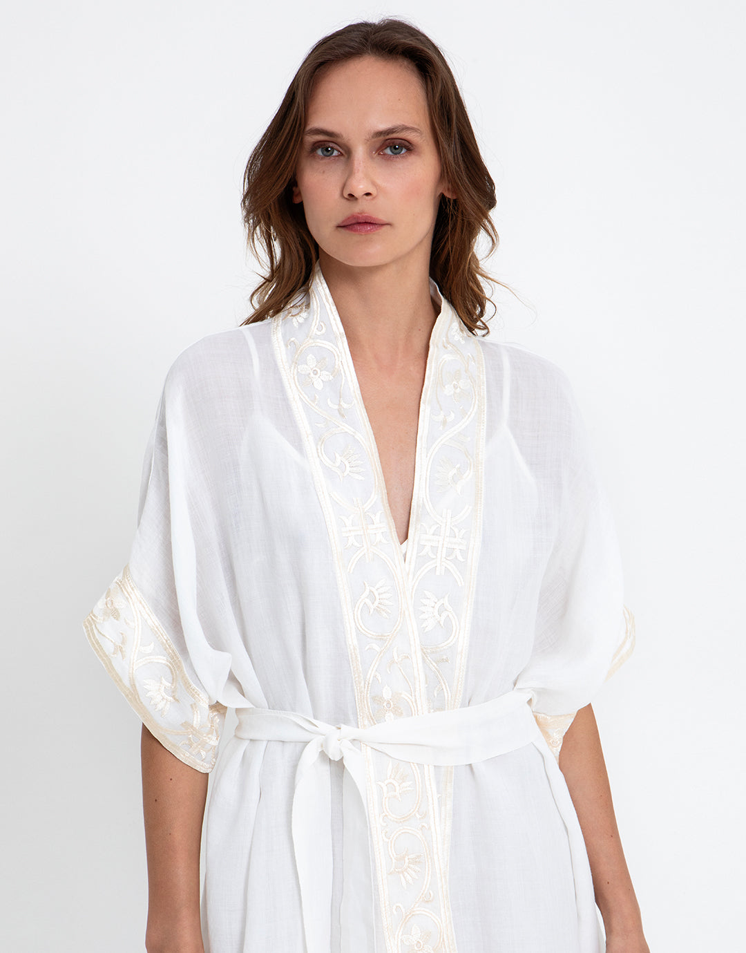 Greek Archaic Kori Crete Midi Kimono - White and Champagne - Simply Beach UK