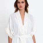 Greek Archaic Kori Crete Midi Kimono - White and Champagne - Simply Beach UK