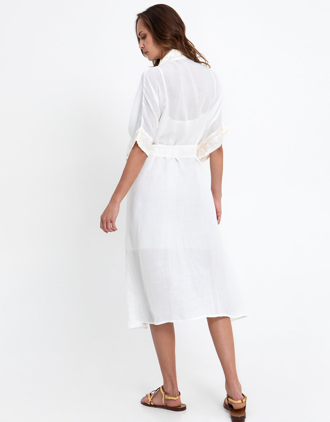 Greek Archaic Kori Crete Midi Kimono - White and Champagne - Simply Beach UK