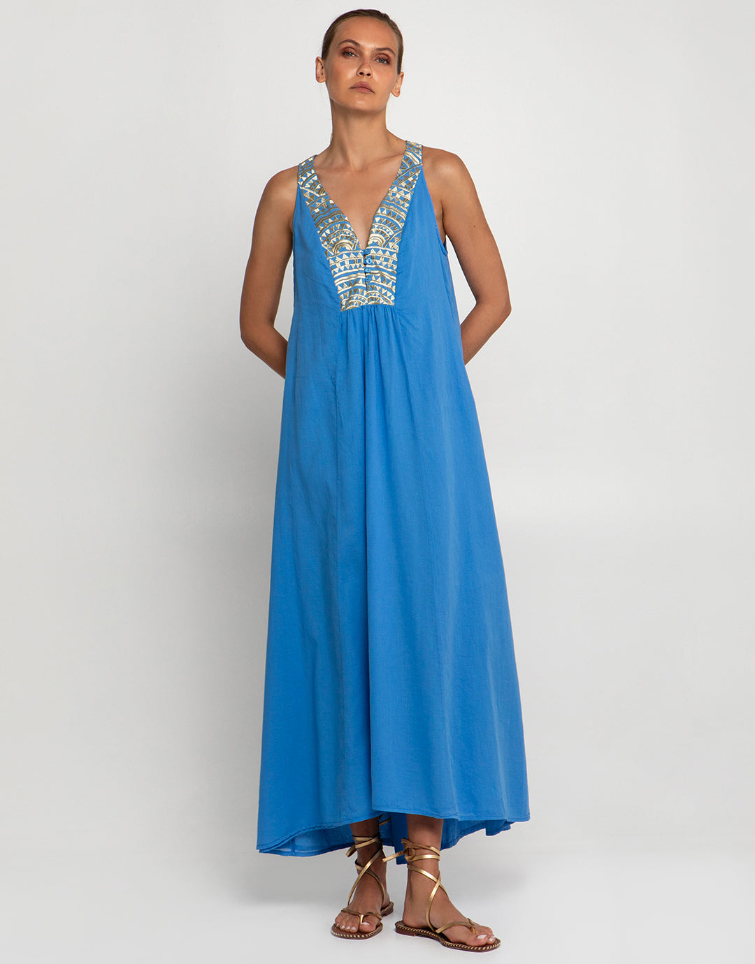 Greek Archaic Kori New Triangle Maxi Dress - Blue Raf and Gold - Simply Beach UK