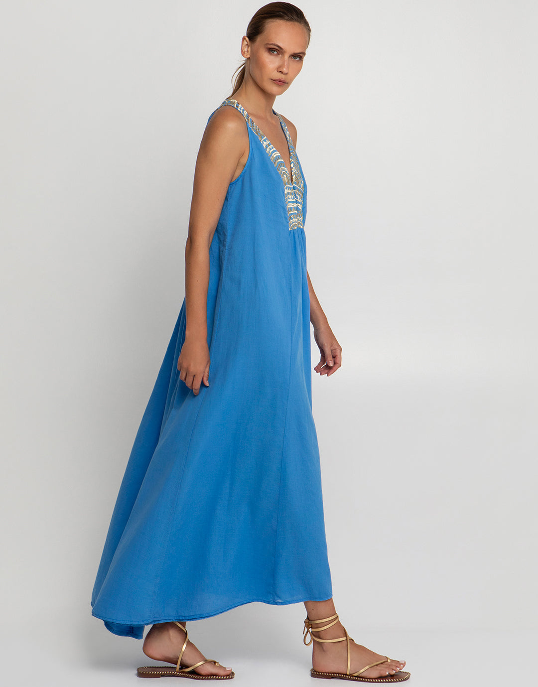 Greek Archaic Kori New Triangle Maxi Dress - Blue Raf and Gold - Simply Beach UK