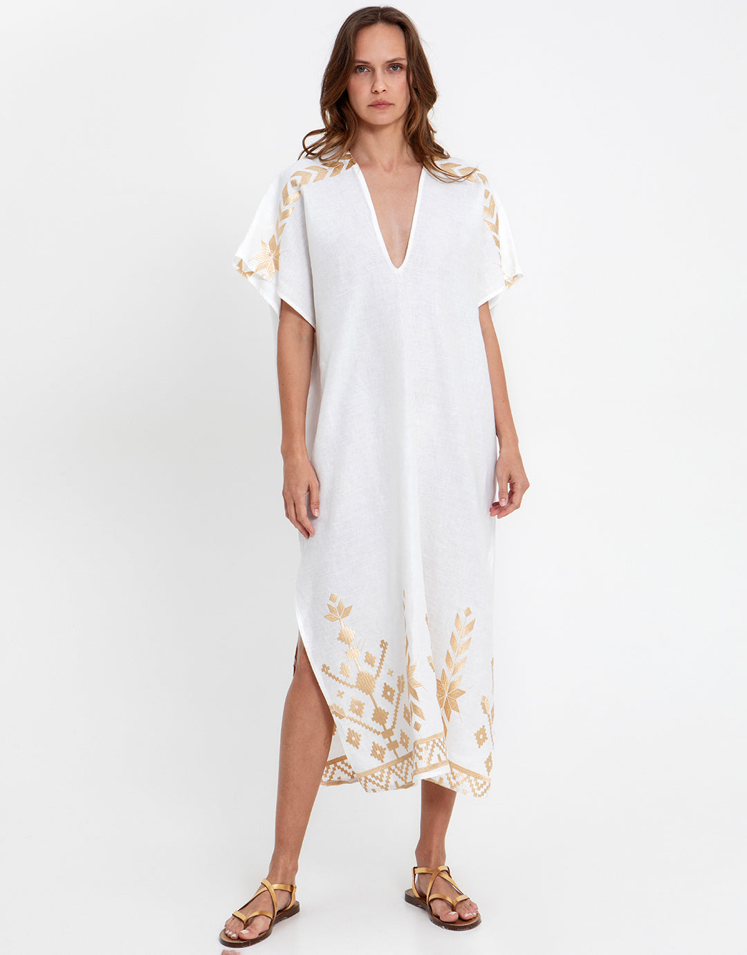 Greek Archaic Kori Ios Midi Kaftan - White and Gold - Simply Beach UK