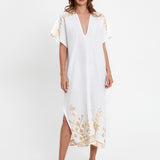 Greek Archaic Kori Ios Midi Kaftan - White and Gold - Simply Beach UK