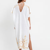 Greek Archaic Kori Ios Midi Kaftan - White and Gold - Simply Beach UK