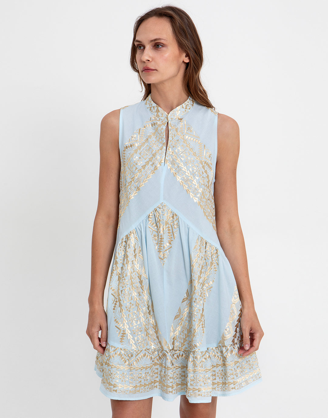 Greek Archaic Kori Classic Triangle Sleeveless Oriental Mini Dress - Ciel and Gold - Simply Beach UK