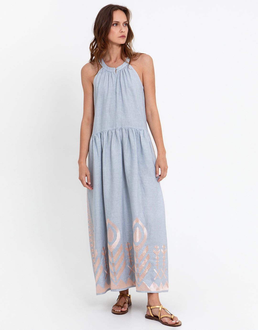 Greek Archaic Kori Feather High Neck Dress - Light Grey and Pink Bronze - Simply Beach UK
