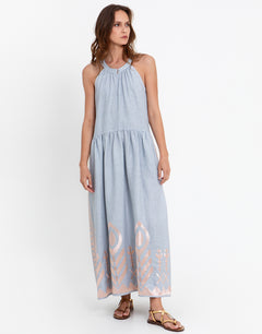 Greek Archaic Kori Feather High Neck Dress - Light Grey and Pink Bronze - Simply Beach UK
