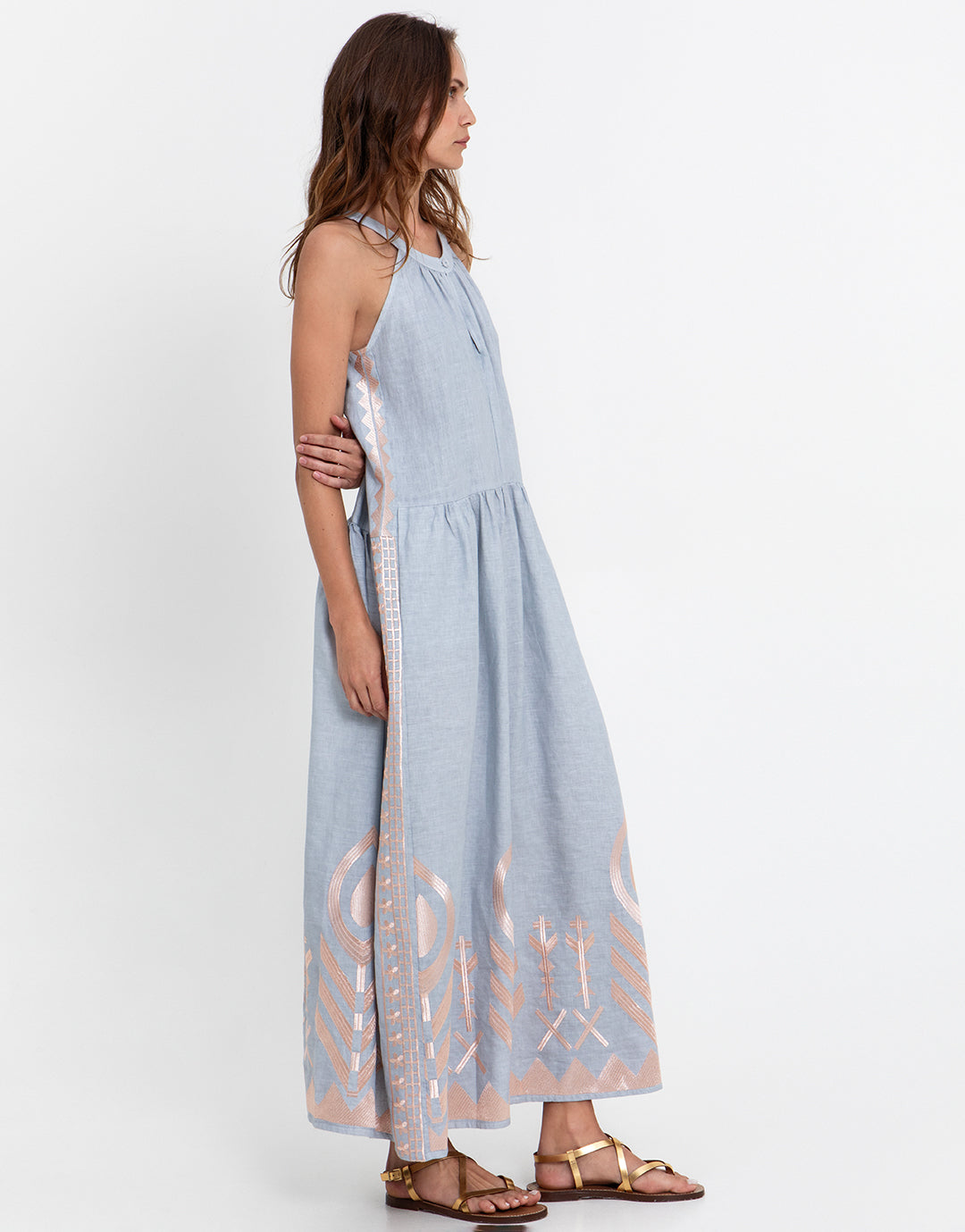 Feather High Neck Dress - Light Grey and Pink Bronze Feather High Neck Dress - Light Grey and Pink Bronze