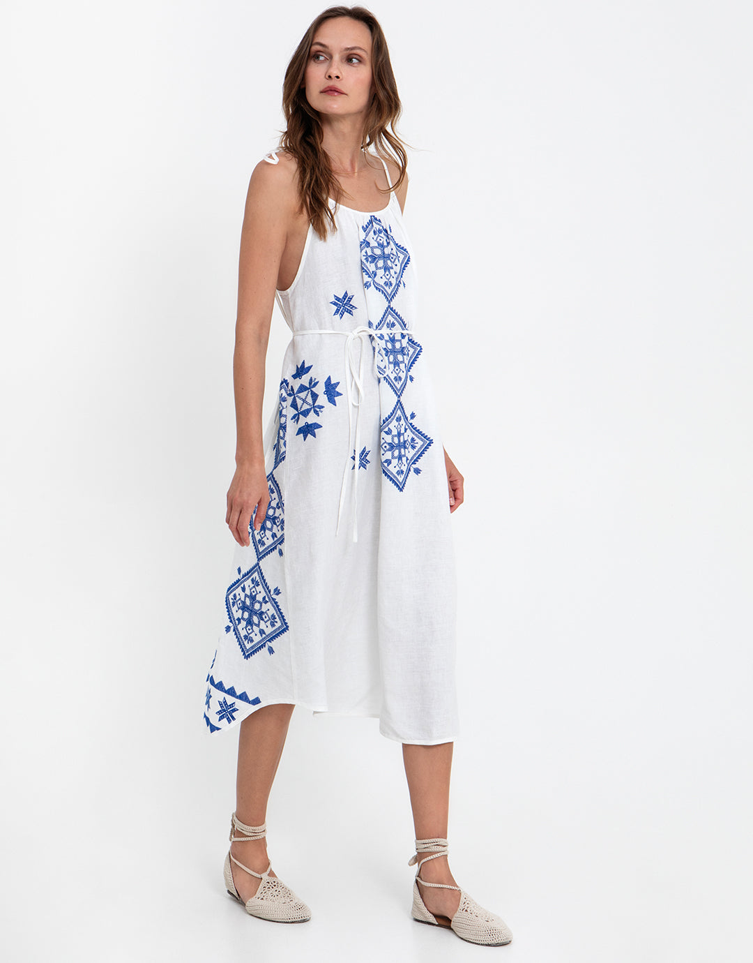 Greek Archaic Kori Lefkada Strappy Dress - White and Blue - Simply Beach UK