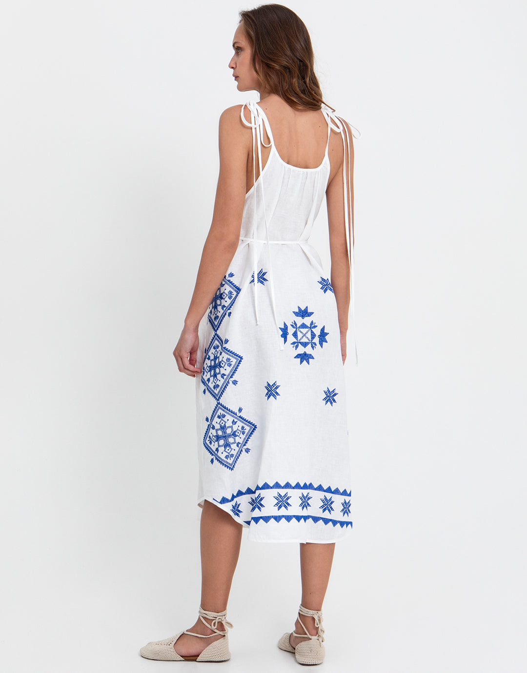 Greek Archaic Kori Lefkada Strappy Dress - White and Blue - Simply Beach UK