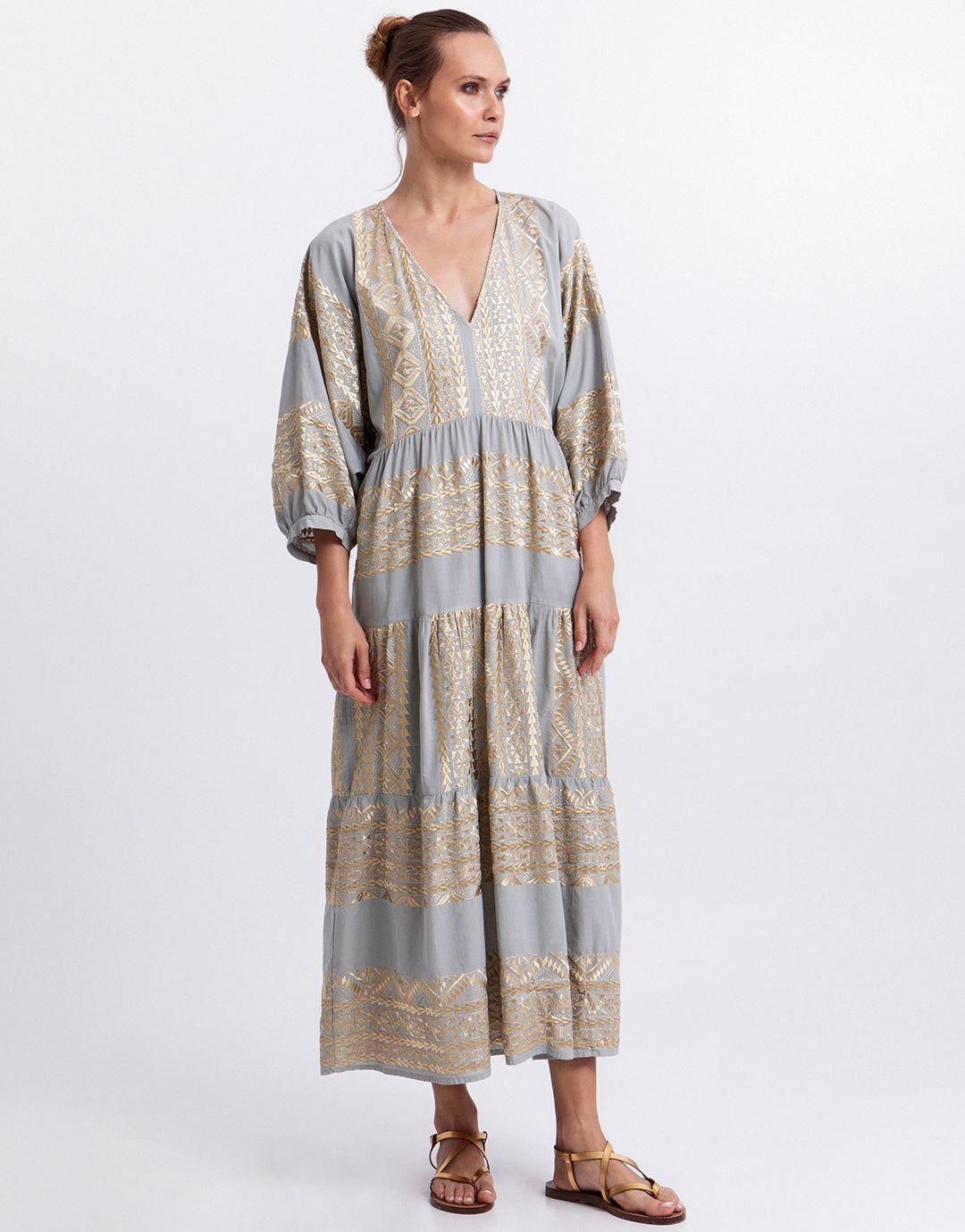 Greek Archaic Kori Classic Triangle Maxi Dress - Stone and Gold - Simply Beach UK