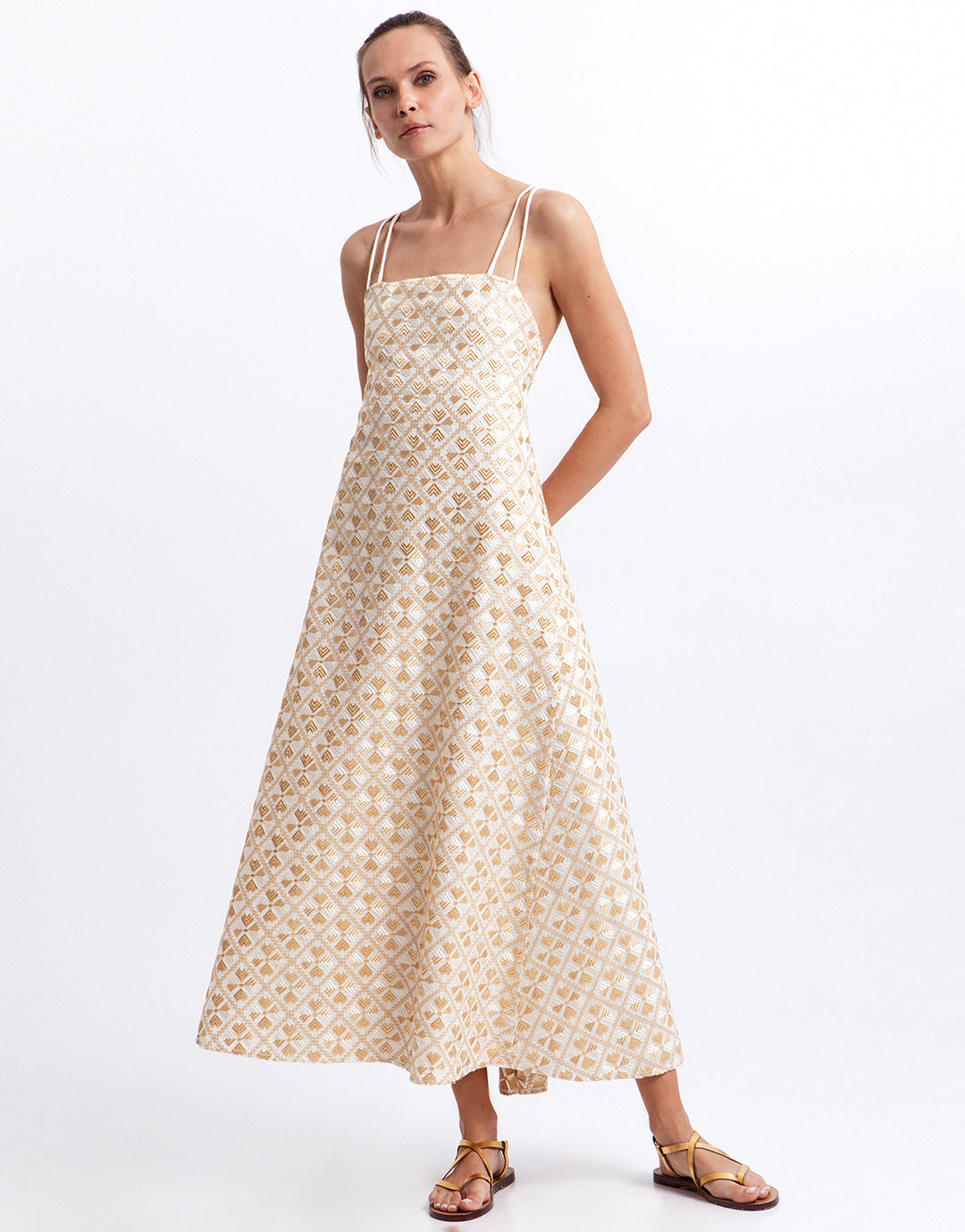 Greek Archaic Kori Flakes Strappy Criss Cross Back Dress - White and Gold with Champagne - Simply Beach UK
