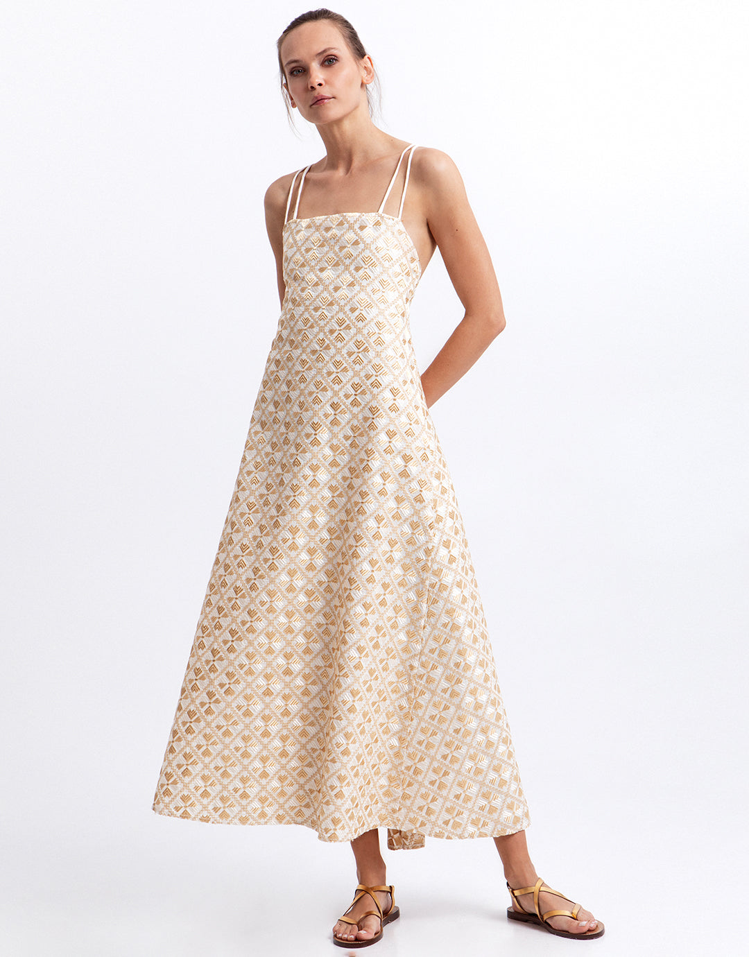 Greek Archaic Kori Flakes Strappy Criss Cross Back Dress - White and Gold with Champagne - Simply Beach UK