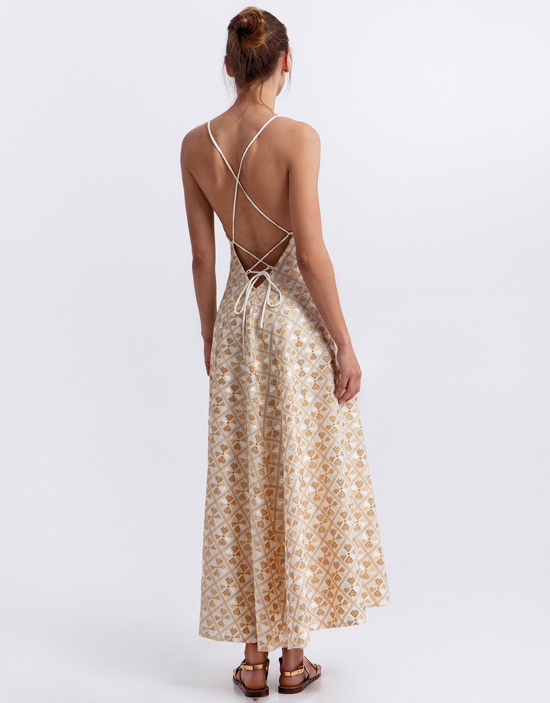 Greek Archaic Kori Flakes Strappy Criss Cross Back Dress - White and Gold with Champagne - Simply Beach UK