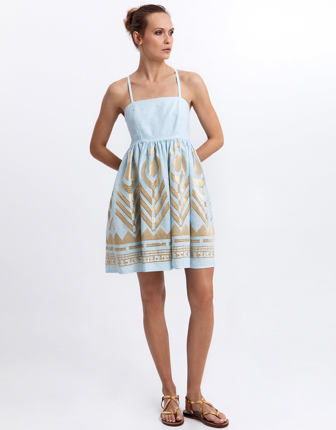 Greek Archaic Kori Feather Mini Dress - Ciel and Gold - Simply Beach UK