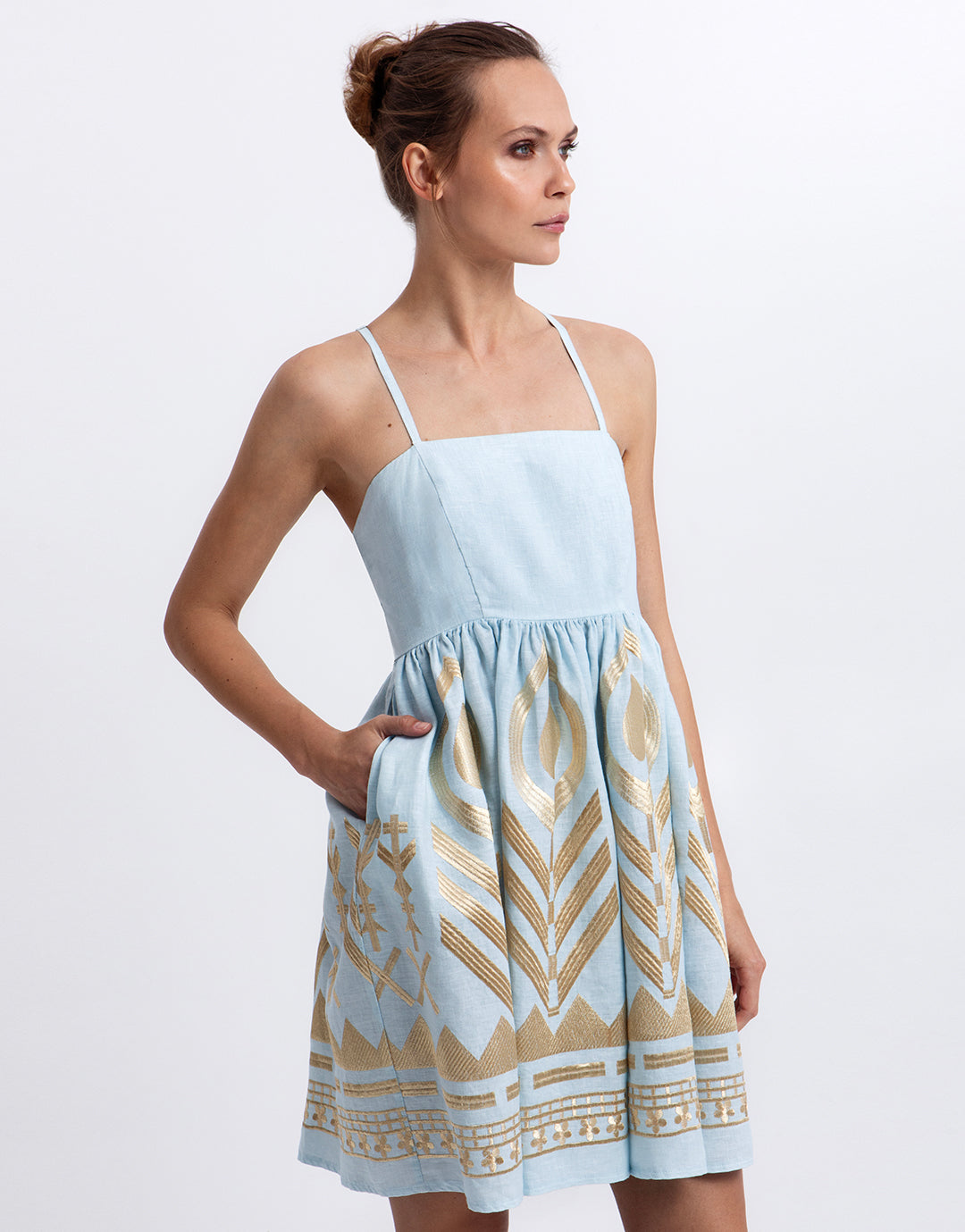 Greek Archaic Kori Feather Mini Dress - Ciel and Gold - Simply Beach UK