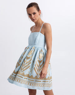 Greek Archaic Kori Feather Mini Dress - Ciel and Gold - Simply Beach UK