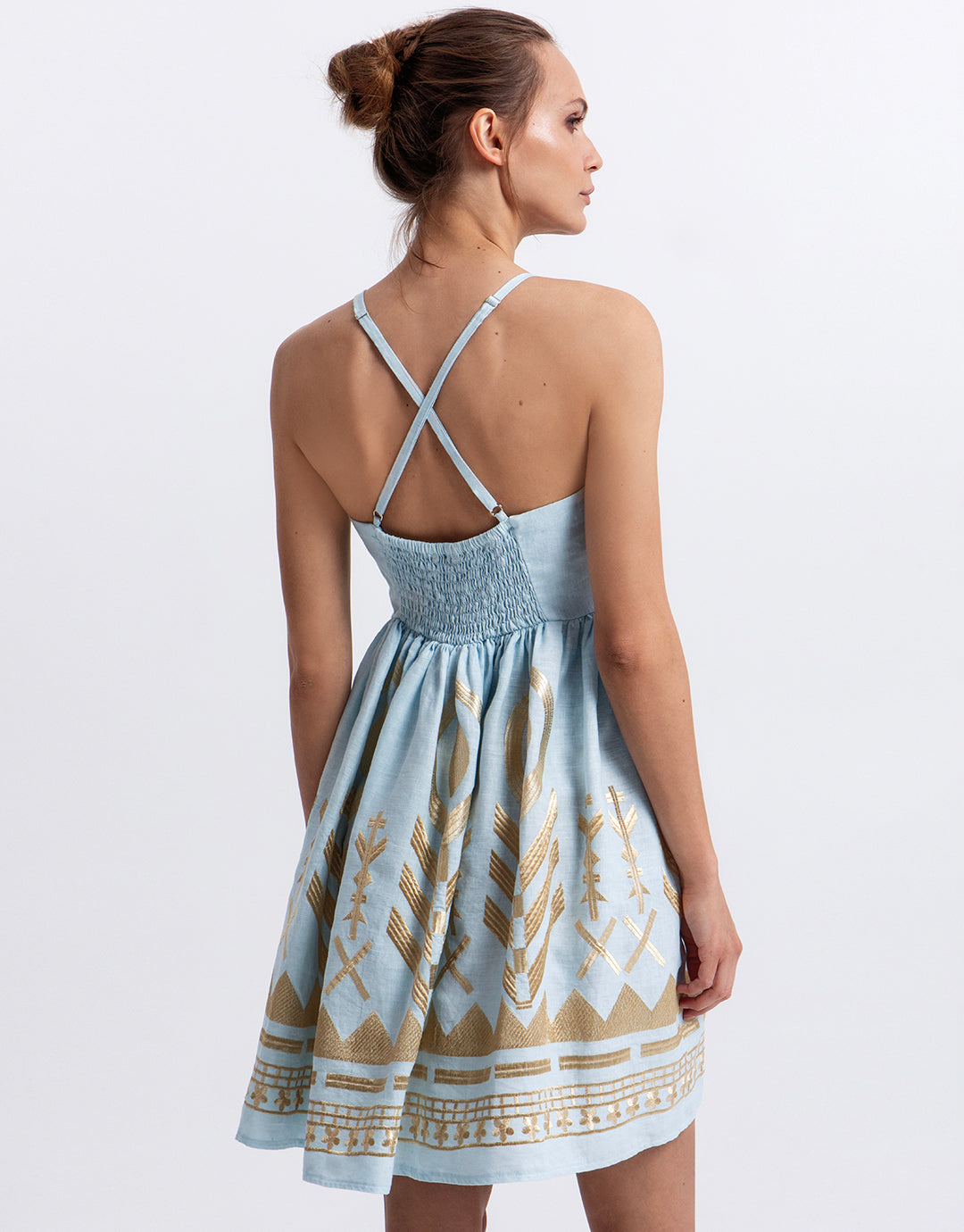 Greek Archaic Kori Feather Mini Dress - Ciel and Gold - Simply Beach UK