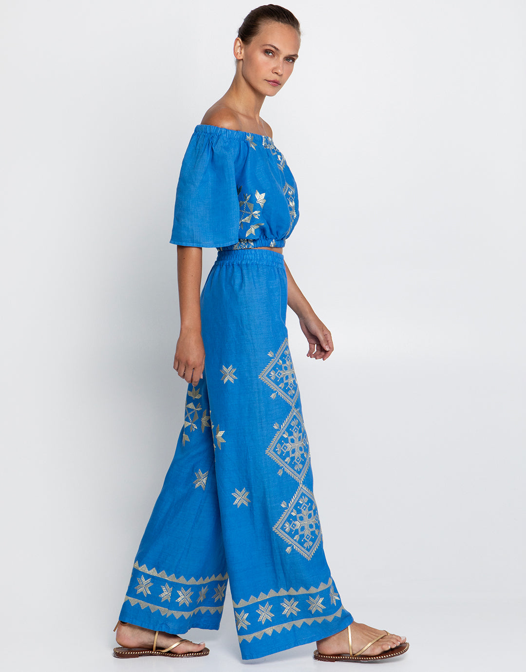 Greek Archaic Kori Lefkada Trousers - Blue Raf and Champagne - Simply Beach UK