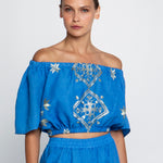 Greek Archaic Kori Lefkada Off the Shoulder Top - Blue Raf and Champagne - Simply Beach UK