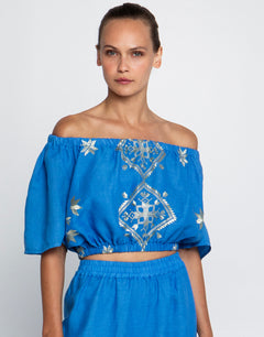 Greek Archaic Kori Lefkada Off the Shoulder Top - Blue Raf and Champagne - Simply Beach UK