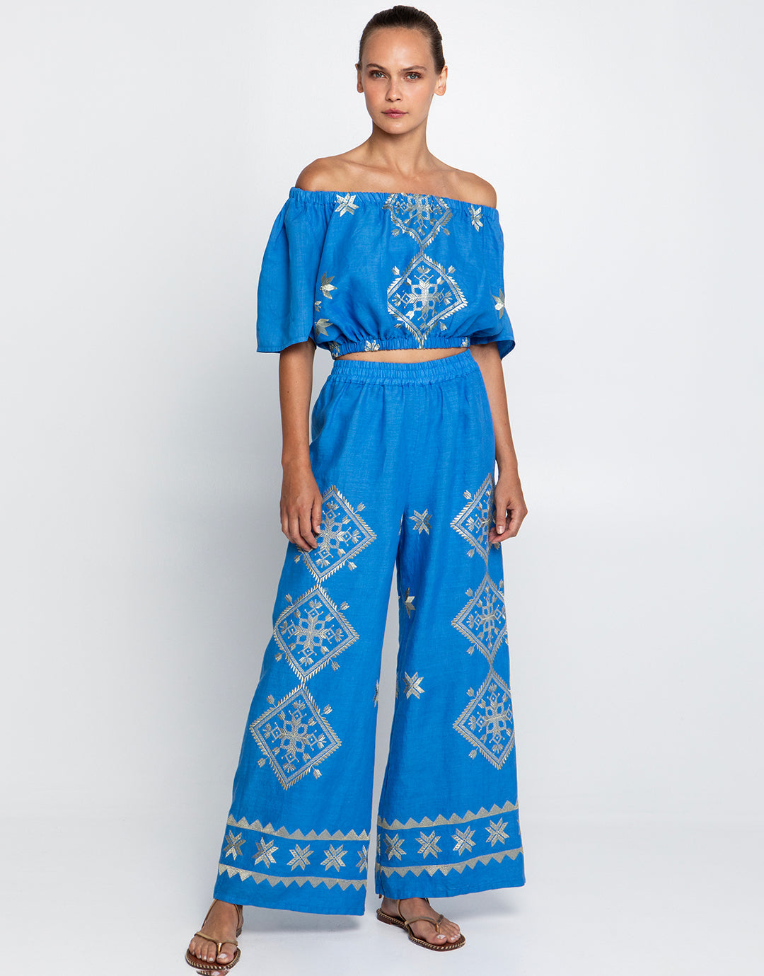 Greek Archaic Kori Lefkada Trousers - Blue Raf and Champagne - Simply Beach UK