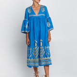 Greek Archaic Kori Feather Bell Sleeve Kaftan - Blue Raf and Gold - Simply Beach UK