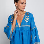Greek Archaic Kori Feather Bell Sleeve Kaftan - Blue Raf and Gold - Simply Beach UK